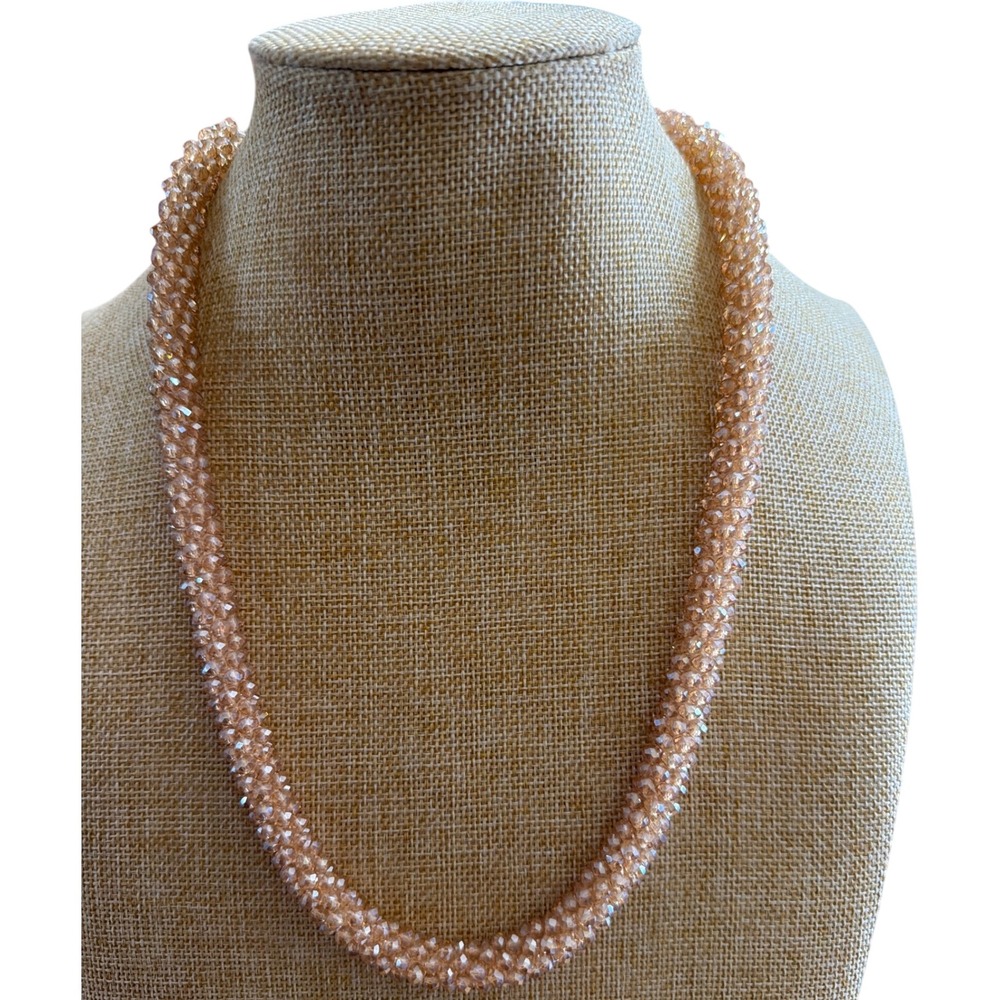 Champagne Crystal Beaded Statement Necklace Woven Rope Gold Tone Gamour